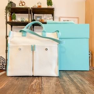 Tiffany & Co. Jitney Weekend Tote Bag Cream Canvas Blue Leather trim Authentic